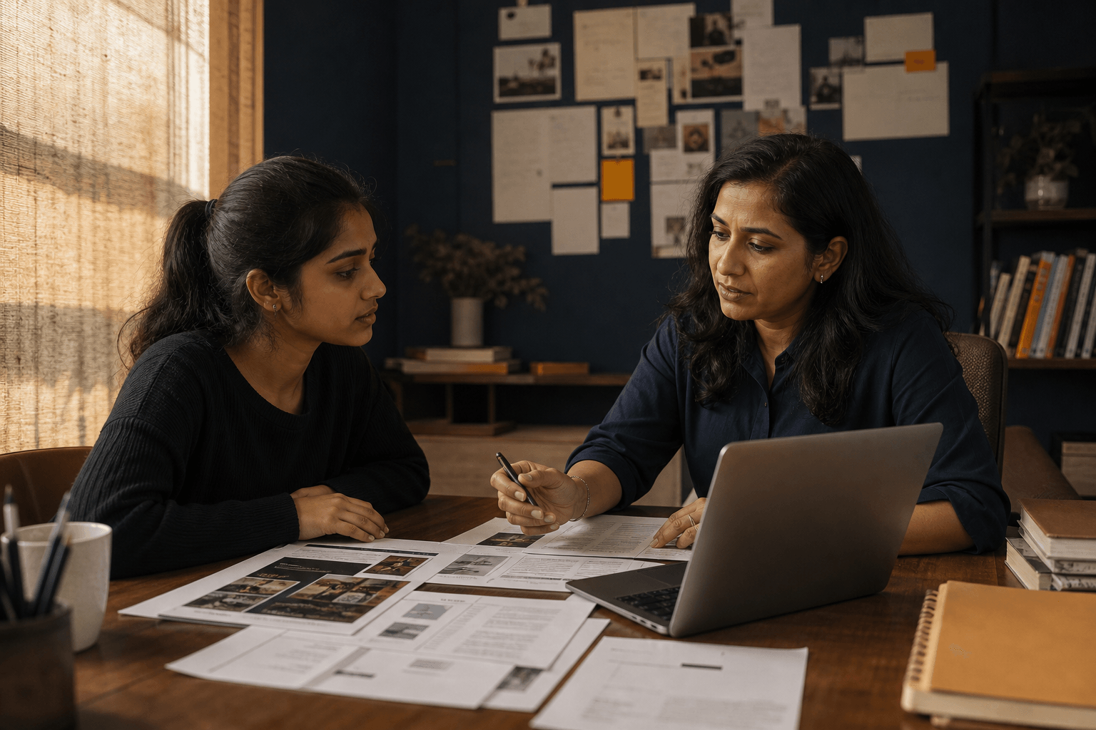 Student receiving thoughtful portfolio feedback from a career mentor