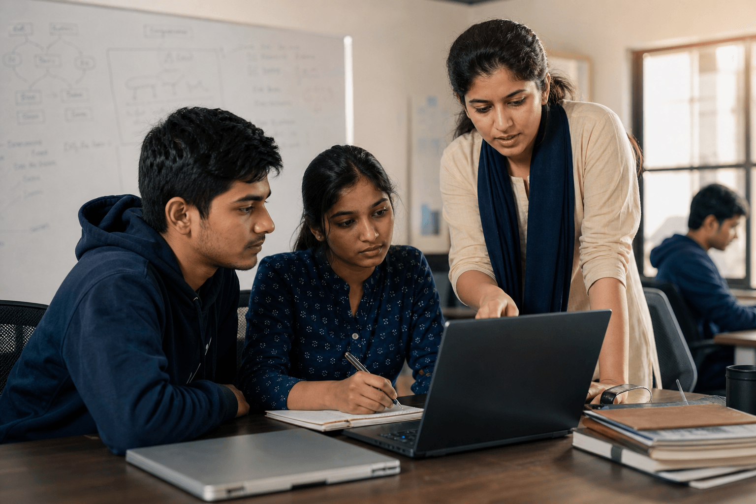Mentor guiding students through a practical coding exercise